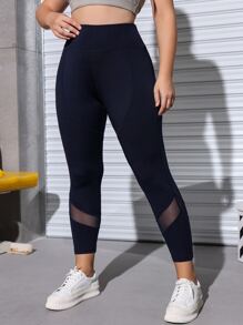 SHEIN Yoga Futuristic Plus Four-way Stretch Mesh Insert Top-stitching Sports Leggings - Navy Blue - View 6
