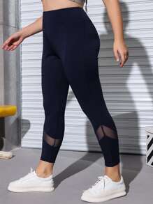 SHEIN Yoga Futuristic Plus Four-way Stretch Mesh Insert Top-stitching Sports Leggings - Navy Blue - View 7