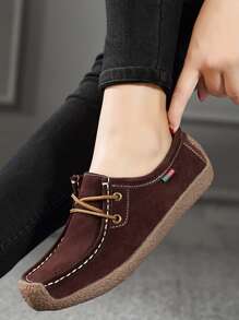 Minimalist Lace-up Front Flats - Brown - View 1