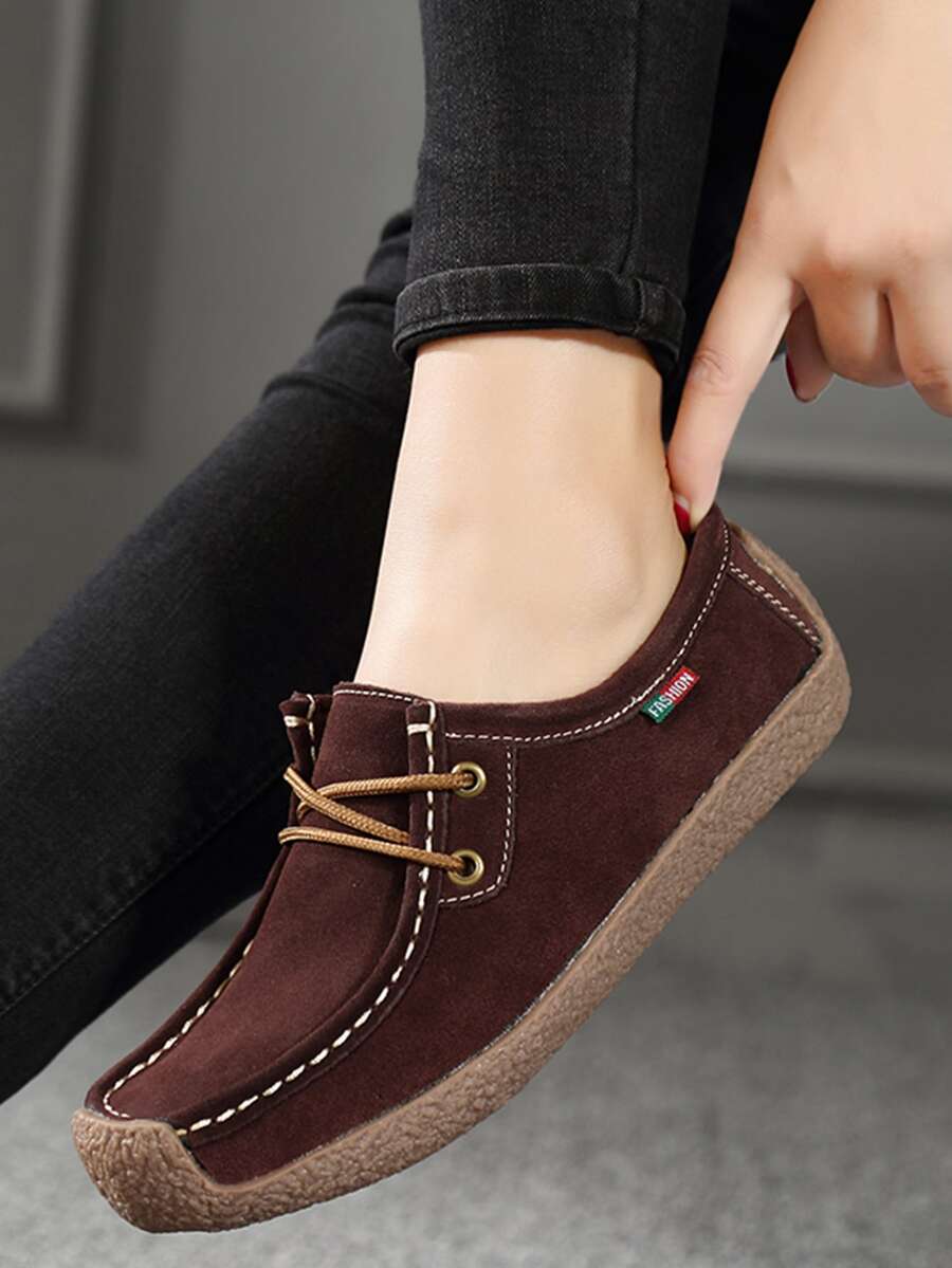 Minimalist Lace-up Front Flats - Brown - View 1