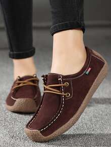 Minimalist Lace-up Front Flats - Brown - View 2