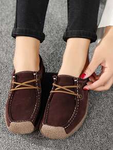 Minimalist Lace-up Front Flats - Brown - View 3