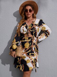 Vestido con estampado de cadena con cordón delantero con abertura bajo a capas - Multicolor - Ver 1