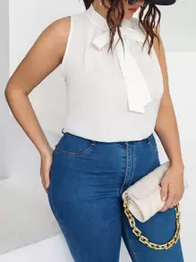 Celure Plus Solid Sleeveless Tie Neck Blouse - White - View 3