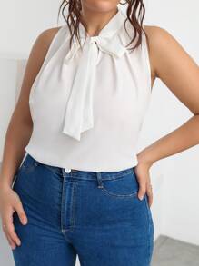 Celure Plus Solid Sleeveless Tie Neck Blouse - White - View 4