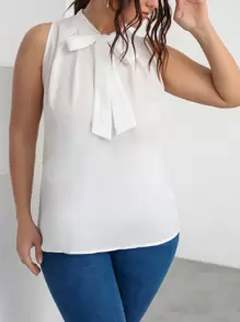 Celure Plus Solid Sleeveless Tie Neck Blouse - White - View 5