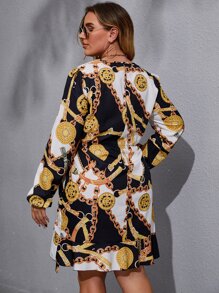 Vestido con estampado de cadena con cordón delantero con abertura bajo a capas - Multicolor - Ver 2