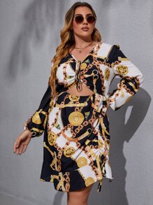 Vestido con estampado de cadena con cordón delantero con abertura bajo a capas - Multicolor - Ver 3