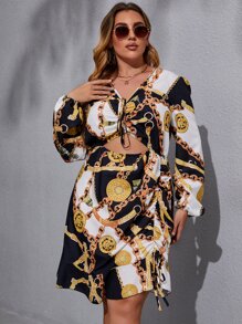Vestido con estampado de cadena con cordón delantero con abertura bajo a capas - Multicolor - Ver 4