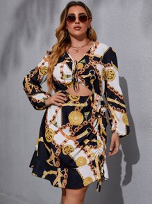 Vestido con estampado de cadena con cordón delantero con abertura bajo a capas - Multicolor - Ver 5