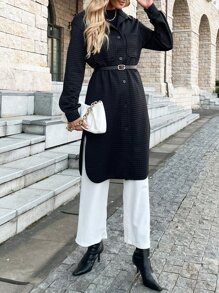 Abrigo con doble bolsillo bajo con abertura de hombros caídos sin cinturón - Negro - Ver 1