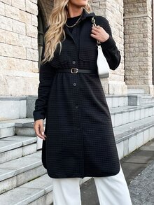 Abrigo con doble bolsillo bajo con abertura de hombros caídos sin cinturón - Negro - Ver 3