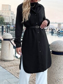 Abrigo con doble bolsillo bajo con abertura de hombros caídos sin cinturón - Negro - Ver 4