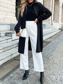 Abrigo con doble bolsillo bajo con abertura de hombros caídos sin cinturón - Negro - Ver 5