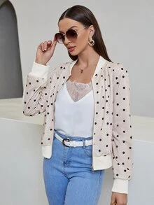 Mulvari Polka Dot Zipper Bomber Jacket - Apricot - View 5