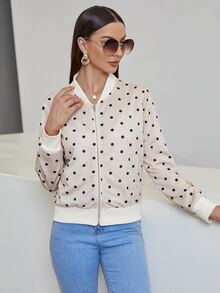 Mulvari Polka Dot Zipper Bomber Jacket - Apricot - View 6