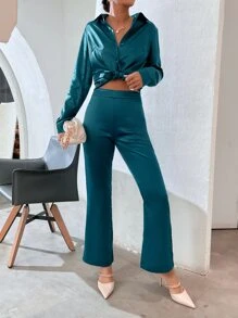 SHEIN 前紐扣短款緞面襯衫和喇叭褲 - 綠色 - 查看 3