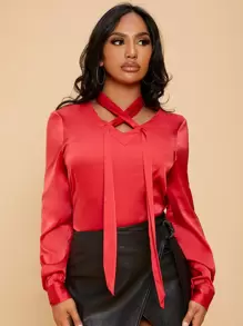 SHEIN Crisscross Draped Solid Top - Red - View 5