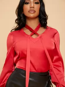 SHEIN Crisscross Draped Solid Top - Red - View 6