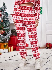SHEIN Pantalones con estampado de Navidad teddy - Rojo y blanco - Ver 3