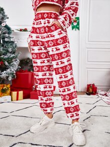 SHEIN Pantalones con estampado de Navidad teddy - Rojo y blanco - Ver 4