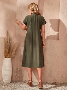 EMERY ROSE Batwing Sleeve Patch Pocket Pleated Dress - Army Green - View 2