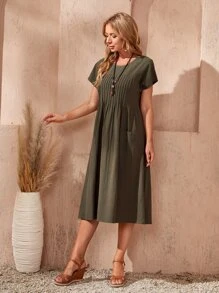 EMERY ROSE Batwing Sleeve Patch Pocket Pleated Dress - Army Green - View 7