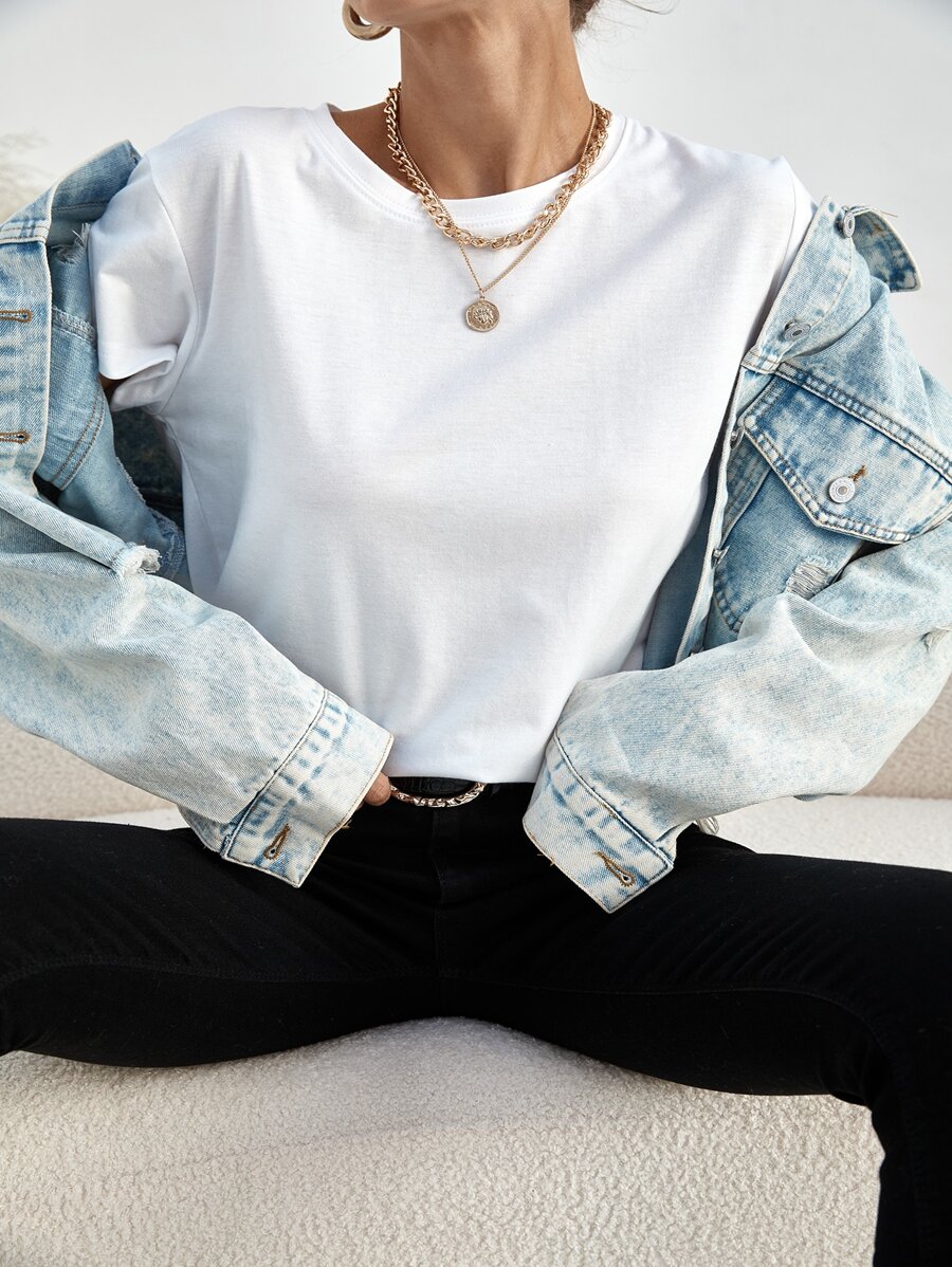 SHEIN Unity Áo thun nữ màu trơn Cơ bản - trắng - Xem 1