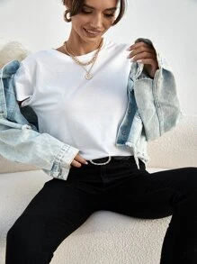 SHEIN Unity Áo thun nữ màu trơn Cơ bản - trắng - Xem 4