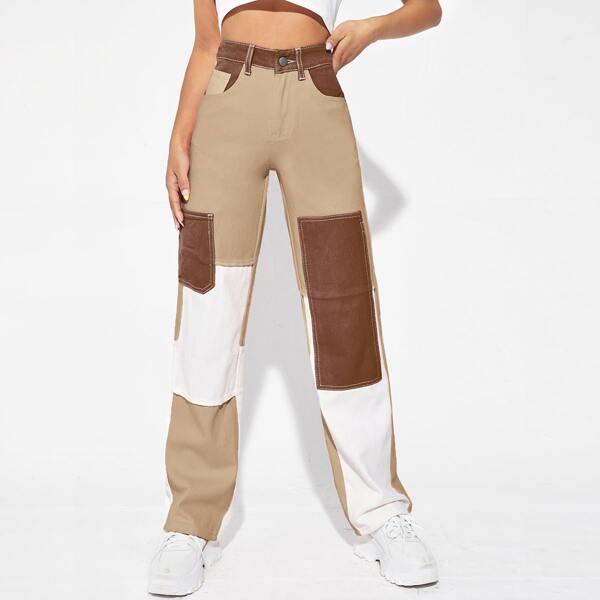 

High Waist Color Block Straight Jeans, Multicolor
