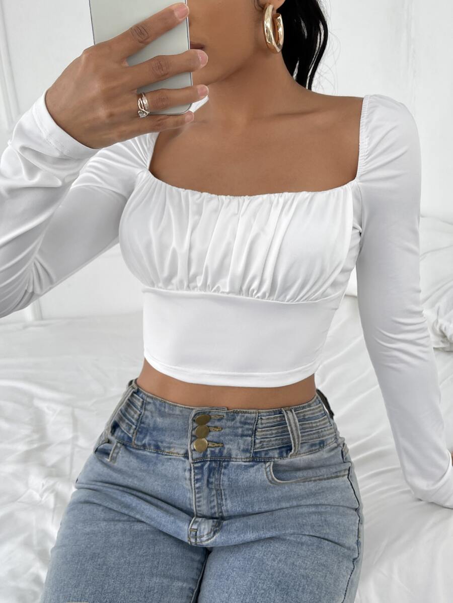 RueChic Square Neck Ruched Bust Crop Tee - White - View 1