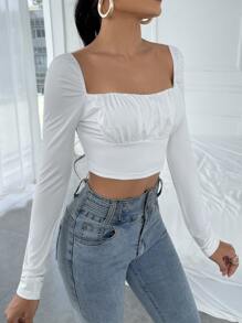 RueChic Square Neck Ruched Bust Crop Tee - White - View 3
