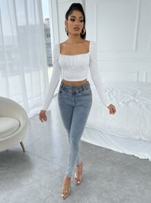 RueChic Square Neck Ruched Bust Crop Tee - White - View 5