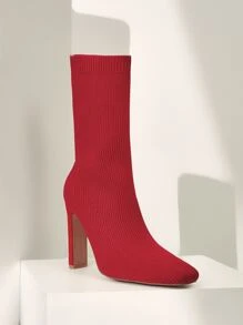 Minimalist Chunky Heeled Knit Boots - Red - View 10