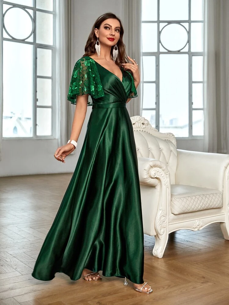 butterfly sleeve bridesmaid dress EVERPRETTY Butterfly Sleeve Chiffon V-Neck Solid Color Elegant Short Sleeve  Bridesmaid Dress Wedding