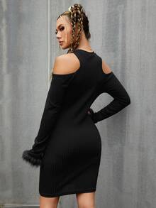 ROMWE PUNK Skeleton Print Cold Shoulder Fuzzy Cuff Bodycon Dress - Black - View 2