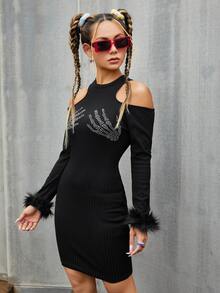 ROMWE PUNK Skeleton Print Cold Shoulder Fuzzy Cuff Bodycon Dress - Black - View 4