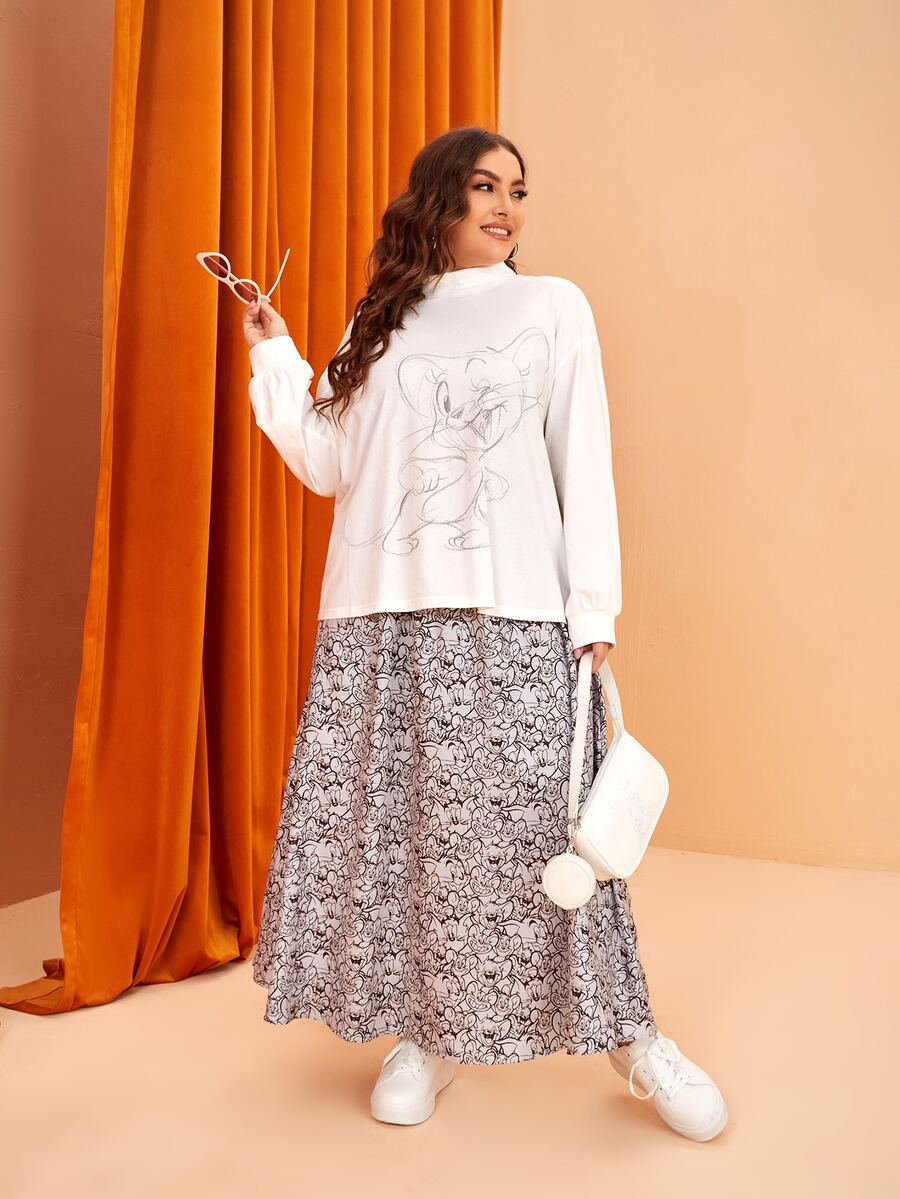 TOM & JERRY X SHEIN 大碼卡通圖案落肩袖運動衫和半身裙 - 黑與白 - 查看 1