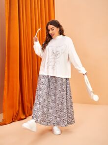 TOM & JERRY X SHEIN 大碼卡通圖案落肩袖運動衫和半身裙 - 黑與白 - 查看 3