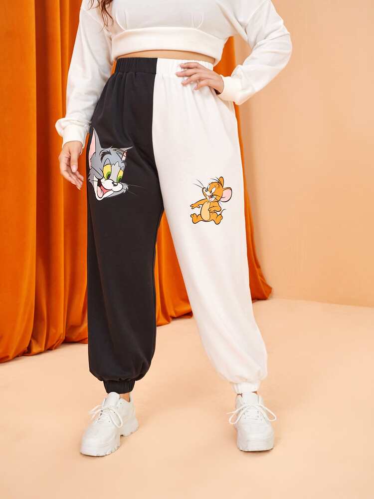 TOM & JERRY X SHEIN Plus Cartoon Graphic Two Tone Joggers - Black and White - View 1