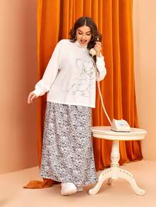 TOM & JERRY X SHEIN 大碼卡通圖案落肩袖運動衫和半身裙 - 黑與白 - 查看 5