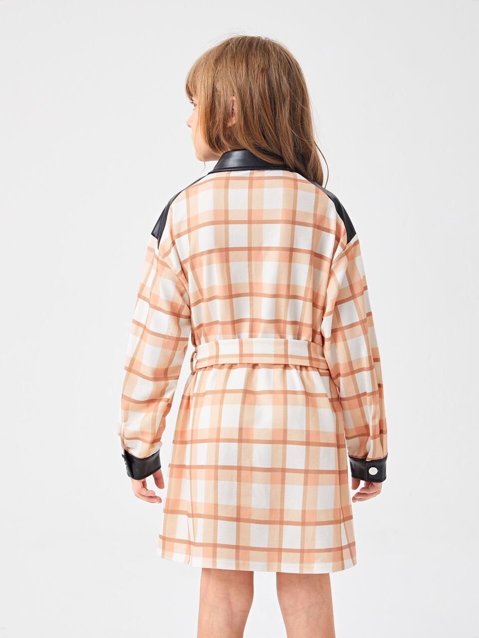 Girls Plaid Flap Pocket Drop Shoulder Contrast PU Leather Belted Dress