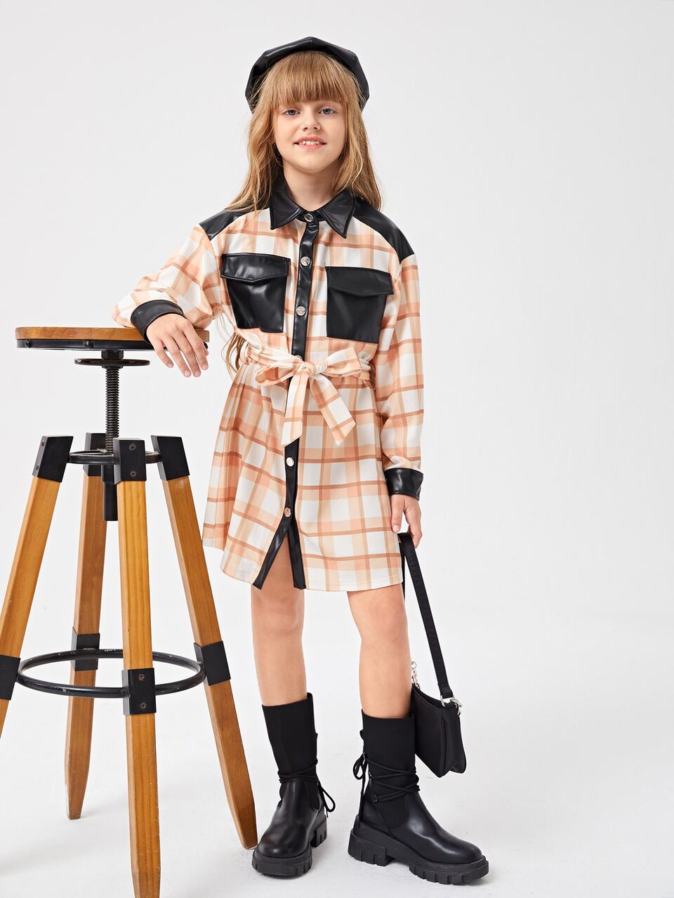 Girls Plaid Flap Pocket Drop Shoulder Contrast PU Leather Belted Dress