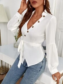 Fake Button Wrap Knot Front Shirt - White - View 1