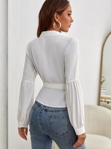 Fake Button Wrap Knot Front Shirt - White - View 2