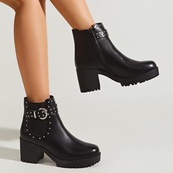 

Minimalist Buckle & Studded Decor Side Zipper Chunky Boots, Black