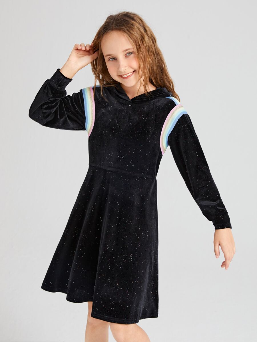 SHEIN Girls Rainbow Striped Velvet Sweatshirt Dress - Black - View 1