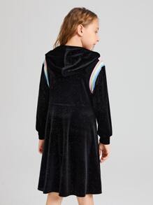 SHEIN Girls Rainbow Striped Velvet Sweatshirt Dress - Black - View 2