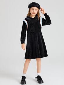 SHEIN Girls Rainbow Striped Velvet Sweatshirt Dress - Black - View 3