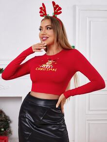 SHEIN Christmas Slogan Print Crop Top - Red - View 5